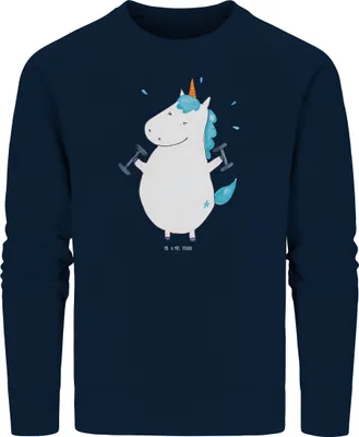 Produktbild von Mr. & Mrs. Panda Baumwoll Pullover Einhorn Fitness Größe XS - French Navy - Geschenk, Einhörner, Gym, Sweatshirt, Sport, Bio, Unicorn, Fitnessstudio, Sweater, Pulli