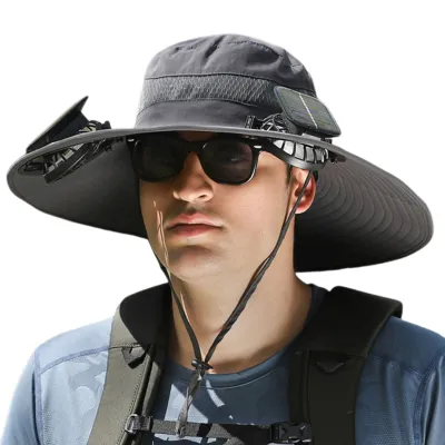 Produktbild von Fischerhut für Herren mit 2 Solarventilatoren, großer Krempe, winddichtem Riemen, USB-Aufladung, UV-Schutz vor Sonnenlicht, schnelltrocknend, hohe Atmungsaktivität, Outdoor-Angel-, Camping- und Reisemütze, Dunkelgrau