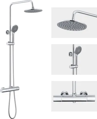 Produktbild von Auralum Duschsystem mit Armatur Thermostat, Duschset Duscharmatur Handbrause mit 3 Funktions, Duschstange mit Höhenverstellbar 840-1210mm, Chrom