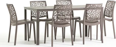 Image de Set de salle à manger d'extérieur avec table rectangulaire 156x78 cm et 6 chaises empilables en résine renforcée de fibres de verre - design moderne imitation bois, idéal pour le jardin, la terrasse et les espaces extérieurs couverts - THOMAS+ANNA - gris pigeon/gris pigeon