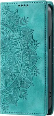 A teal flip case for a phone with a mandala embossed pattern.