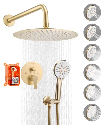 Immagine prodotto di VEVOR sistema doccia a pioggia per il bagno Sistema doccia con soffione a pioggia rotondo da 254 mm e doccetta, rubinetteria a parete per il bagno con valvola in ottone e set decorativo, oro spazzolato