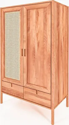 Produktbild von Kleiderschrank Zola Kernbuche massiv mit Rattan 108x175 mit 2 Türen 2 Schubladen