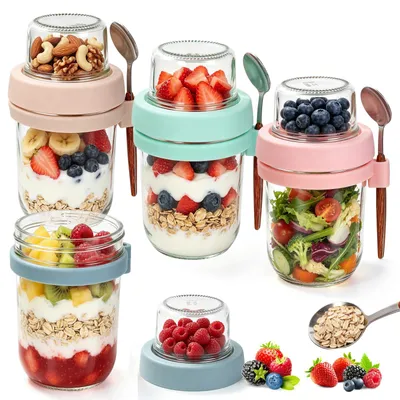 4 Overnight-Oats-Gläser 480+120 ml mit Deckel und Löffel