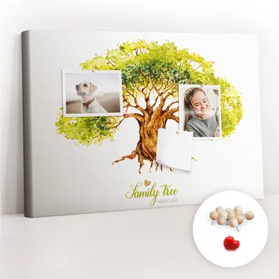 Produktbild von Korkwand mit Stecknadeln – Schwarzes Brett mit Stecknadeln für Fotos und Notizen – 60x40 cm – 100 Holz-Stecknadeln – Stammbaum