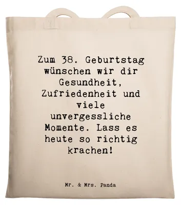 Produktbild von Mr. & Mrs. Panda Jutebeutel Spruch 38. Geburtstag Feiern - Transparent - Geschenk, Tasche, Geburtstagsgeschenk, Tote Bag, Schultasche, Beutel, Happy Birthday, Alter