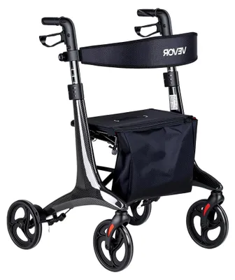 Produktbild von Faltbarer Rollator mit Sitz, Leichter Gehwagen mit 8 Zoll Reifen, Gehhilfe bis 136 kg mit Rückenlehne und Tasche, Höhenverstellbare Laufhilfe mit Feststellfunktion für Senioren, Schwarz