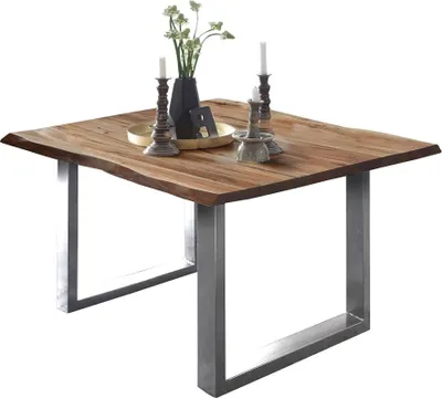 Produktbild von Esszimmertisch 80x80 cm ULM, Baumkantentisch naturfarben, Akazienholz massiv, U-Gestell Edelstahl gebürstet