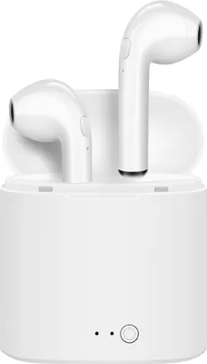 A pair of white wireless earbuds are shown inside their charging case.