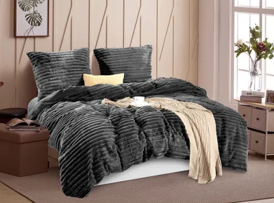 Produktbild von Pościel pluszowa ciemnoszara w paski 135 x 200 poszwa na kołdrę z poszewką na poduszkę 2-częściowa z zamkiem Cuddly pluszowy polar zimowe ciepło
