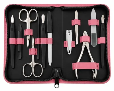 Produktbild von Maniküre Pediküre Set 12-teilig – Nagelpflege Set mit 5 Solingen Qualitätsinstrumenten, Echtleder Etui, gehärteter Stahl –  Germany Rosa