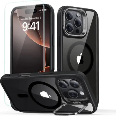 A product shot showing an iPhone case with a screen protector and a kickstand.