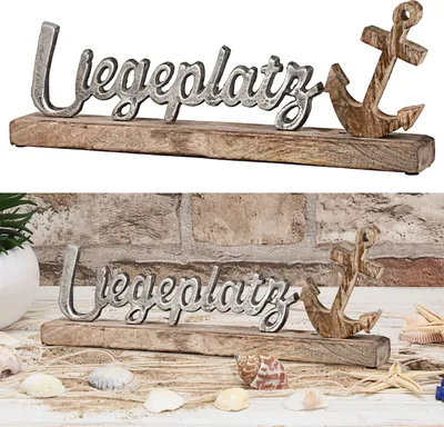 Produktbild von Schriftzug 'Liegeplatz' Anker silber 40x15x5cm Mangoholz Aluminium Dekoaufsteller Tischdeko Aufsteller maritim