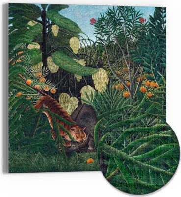 Produktbild von DEQOART Hybrid Leinwand Bild 30x30 cm 'Tigerspiel im Dschungel' Wandbild Glas flach modern