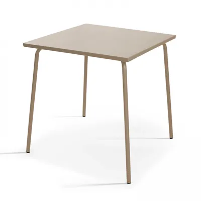 A square table with taupe colored top and legs, on a white background.