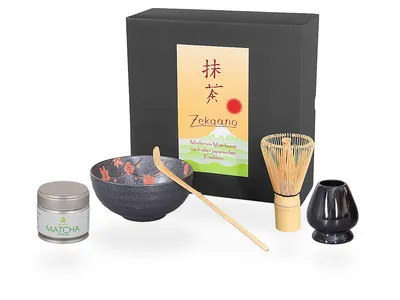 Produktbild von Matcha Set / Matchaset / Matcha Schale 250ml, anthrazit/rot, mit Besen/Löffel/Halter/Tee in Geschenkbox