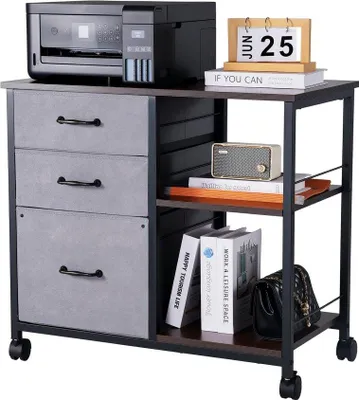Produktbild von Mobil Rollcontainer Aktenschrank mit 3 Schubladen und Regalen - Braun Holz Rollcontainer Bürostorage