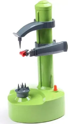 A green electric fruit and vegetable peeler on a white background.