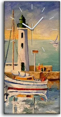 Produktbild von Dekor Leinwand Uhr Wandbilder 30x60 Gemälde Hafen Schiffe Leuchtturm Meer Kunst - weiße Hände