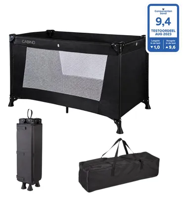 Image de Cabino, lit de voyage noir – lit de camping pliable, dimensions 60 x 120 cm, comprenant matelas et sac de transport, adapté dès la naissance jusqu'à environ 3 ans, note de test : 9,4