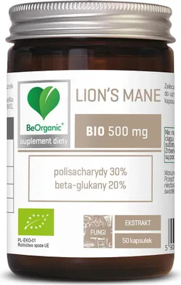 GRZYBY SOPLÓWKA JEŻOWATA (LION'S MANE) EKSTRAKT BIO (500 mg) 50 KAPSUŁEK - BE ORGANIC