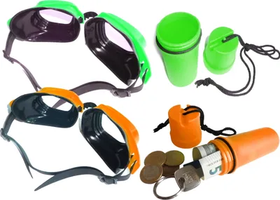 Produktbild von 2 Schwimmbrillen im Set inklusive 2 wasserdichte Badesafes für Schlüssel, Kleingeld, etc... Farbe: Grün und Orange