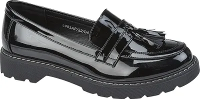 A single black patent leather loafer with tassels on a white background.