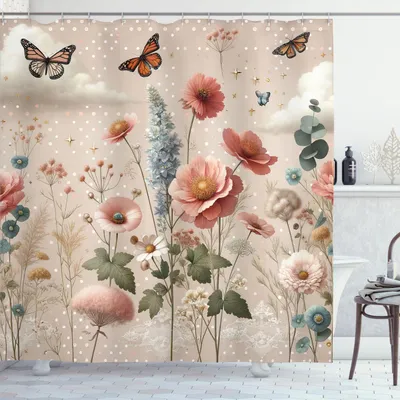 Produktbild von ABAKUHAUS Blumiger Eukalyptus Duschvorhang, Frühlingsblühender Garten mit Blütenblättern und Schmetterlingen, 175 x 180 cm, Puder Rosa Warme Taupe Grün