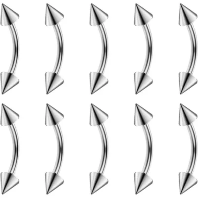 Productafbeelding van Set van 10 gebogen barbell piercings, roestvrij staal, 1,2 mm x 8 mm, met een punt van 3 mm, geschikt voor wenkbrauwen, lippen, neus, helix en rook