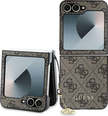 A flip phone case with a repeating Guess logo pattern is shown, with the phone partially open and closed.