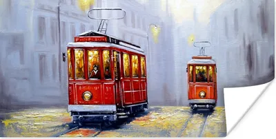 Produktbild von MuchoWow® Poster Gemälde - Straßenbahn - Stadt - Öl 150x75 cm - ohne Rahmen