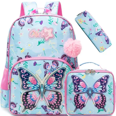 Immagine prodotto di Zaino per bambine, set da 3 pezzi, con contenitore per il pranzo e astuccio, ideale per la scuola elementare
