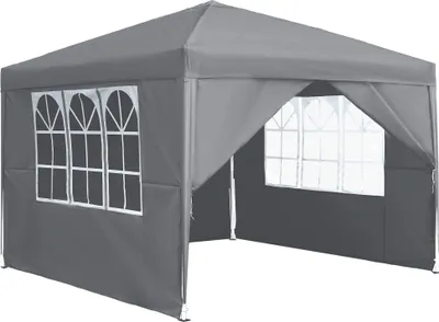 A gray pop-up tent with windows, shown from a slightly angled front view against a white background.