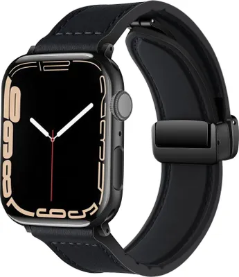 Produktbild von Strap-it Kunstlederarmband mit magnetischem D-Schnallenverschluss – passend für Apple Watch Series 1/2/3/4/5/6/7/8/9/SE/Ultra (schwarz)