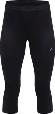 A pair of black capri-length leggings with a branded waistband.