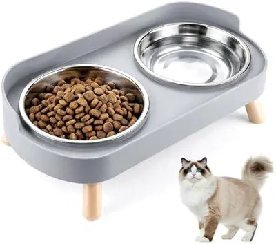 Produktbild von 2 x Katzennapf Erhöht - Erhöhter Katzen Napfset Edelstahl Doppelt Katzennäpfe mit Ständer und Spritzschutz rutschfeste Fressnapf Katze Napf - Futternapf Wassernapf Set für Katzen & Kleine Hunde - Grau