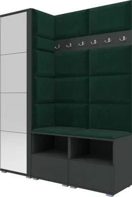 Produktbild von Garderoben-Set Nela II mit Spiegel, Polstergarderobe mit zwei Schuhschränke und Wandpaneele, Flurgarderobe mit Hochschrank (Farbe: Graphit + Trinity 28 (Flaschengrün))