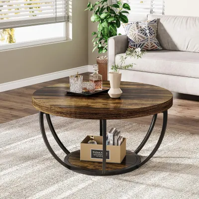 Immagine prodotto di Tavolino rotondo da divano, diametro 80 cm - Tavolino da salotto a 2 piani - Piano in legno - Struttura in metallo - Stile moderno e minimalista - Colore marrone scuro