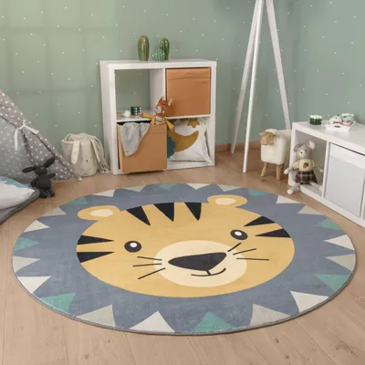 Produktbild von Kinderteppich waschmaschinenwaschbar Löwe Kinderzimmer schmutzabweisend Mehrfarbig Rund 160D | 100% Polyester | Florhöhe: 8 mm