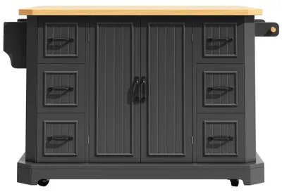 Immagine prodotto di Isola cucina mobile - Carrello da cucina - 120 x 45 – 75 x 91 cm - 2 ante - 6 cassetti - Con ruote - Materiale: MDF e metallo - Colore: nero