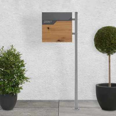 A modern mailbox with a newspaper compartment mounted on a stand, placed outdoors next to a wall and plants.