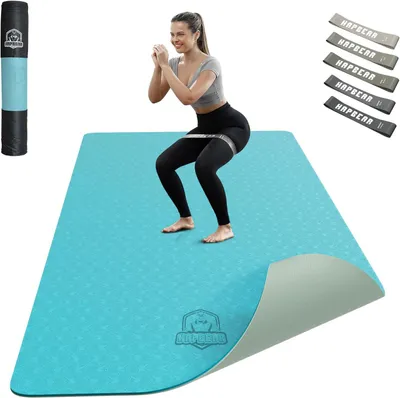Imagen del producto de Esterilla de yoga extra grande, de 183 x 91 cm, con un grosor de 6 mm, antideslizante, fabricada en TPE, que incluye una bolsa de transporte y bandas de resistencia
