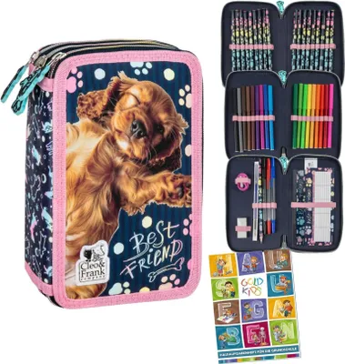 Produktbild von Goldkids - Federmäppchen 3 Fächer - Mäppchen für Mädchen und Jungen - Federmappe 3-Fach Federtasche Gefüllte Schüleretui Schulmäppchen - Hund Motiv