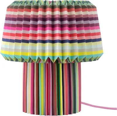 A colorful pleated table lamp with a striped base and shade.