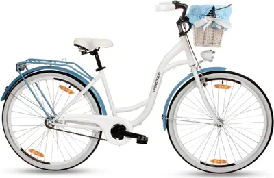 Produktbild von Goetze Style 28 Zoll City Bike, 46 cm Tiefeinsteiger, 1-Gang mit Rücktrittbremse hinten & V-Bremse vorne, LED-Beleuchtung, Rattankorb mit Bezug