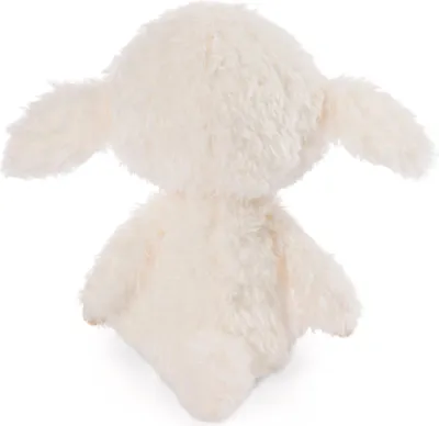 The back view of a fluffy white lamb stuffed animal.