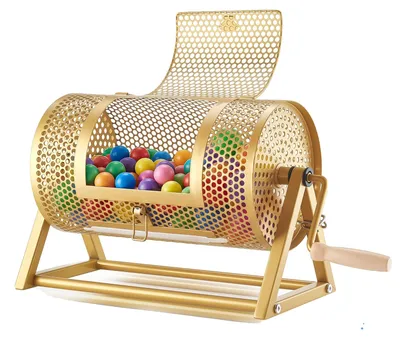 Obrázek produktu pro Losovací buben VEVOR, 295 × Ø 167 mm, buben s kapacitou 2500 losů nebo 100 loterijních míčků, losovací buben s klikou a trojnožkou, pro akce a oslavy, zlatý