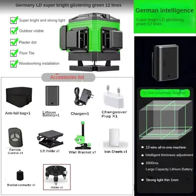 Produktbild von Laser-Nivelliergerät - 12-Linien-Grünlaser - Selbstnivellierend - 360° Horizontal und Vertikal - Akku Inklusive - Für Bauarbeiten