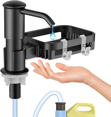 Produktbild von Seifenspender – Schwarz – Für die Küche – Spülmitteldosierer für die Küche mit Schwammhalterung – 360° schwenkbarer Pumpkopf mit 1 m Verlängerungsschlauch