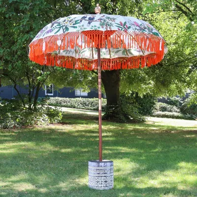 Produktbild von Sonnenschirm Bali Schirm 180 cm Weiß Orange Fransen Gartenschirm Baumwolle Sonnenschutz Handarbeit Dekoschirm Model Bali Birds